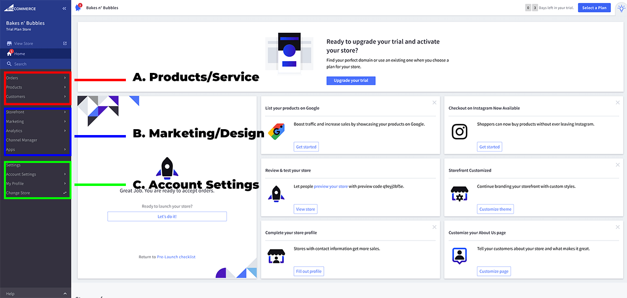 BigCommerce's menu for users